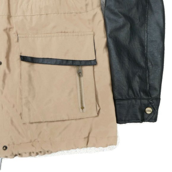 Steve Madden Jacket Cargo Safari Contrasting Faux Leather Sleeves Quilted Hood M - Picture 5 of 9